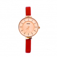 SKMEI Leather Quartz Waterproof Watch For Women 1184 HNM-48 Gold & Red