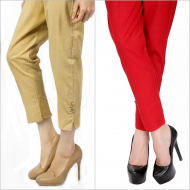 Pack Of 2 - Plain Straight Pants For Women Qc-755 Skin And Red